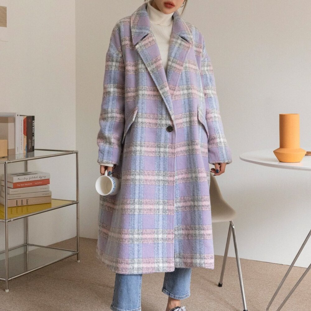 Multicolor Casual Plaid Women's Lapel Neck Single Button Overcoat Jacket - Picture 3 of 8